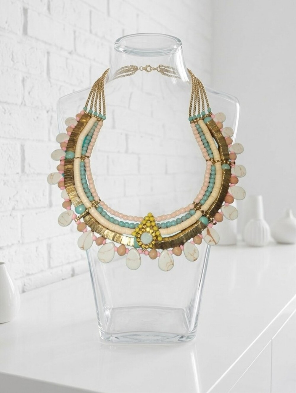 Layered Beaded Statement Necklace in Turquoise, Pink & Gold